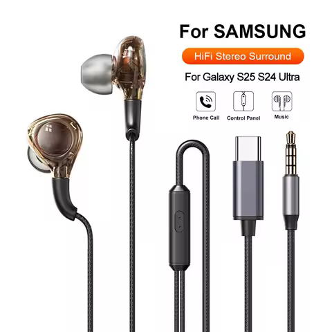Wired Headphones HiFi Bass Stereo Earphone Type C 3.5mm With Microphone Headset For Samsung Galaxy S24 S23 S22 S21 A54 A53 Ultra