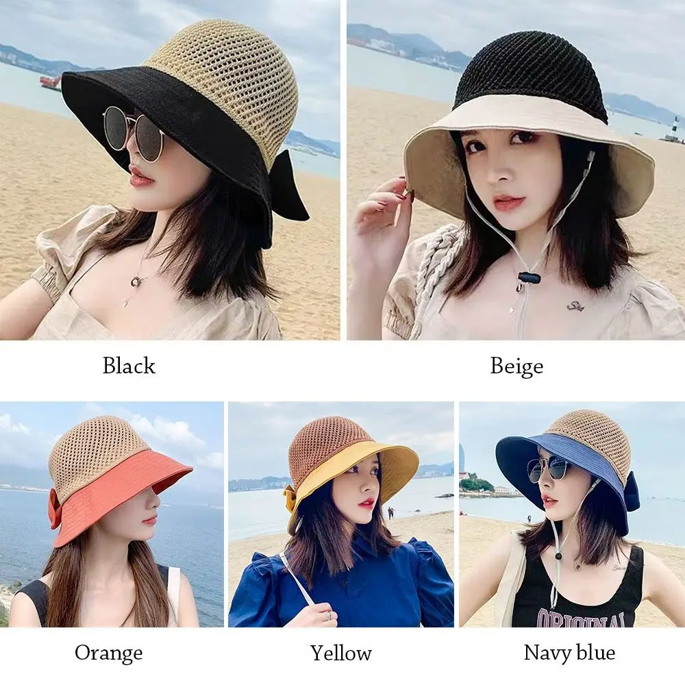 Summer Women Bucket Hat UV Protection Sun Hats Soft Foldable Wide Brim Outdoor Beach Hat Panama Cap Ponytail Cap