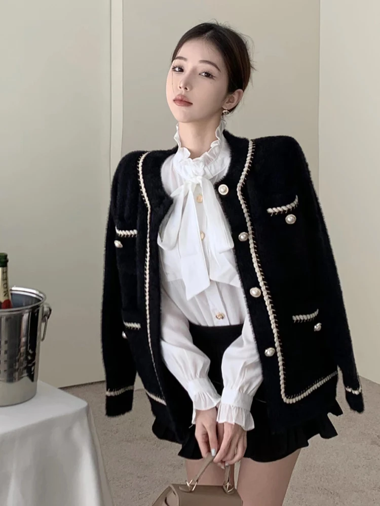 Fashion Temperament Winter New Plush Xiao Xiang Style Coats French Single Breasted O-Neck Women Sweater Top Long Sleeve Jacket