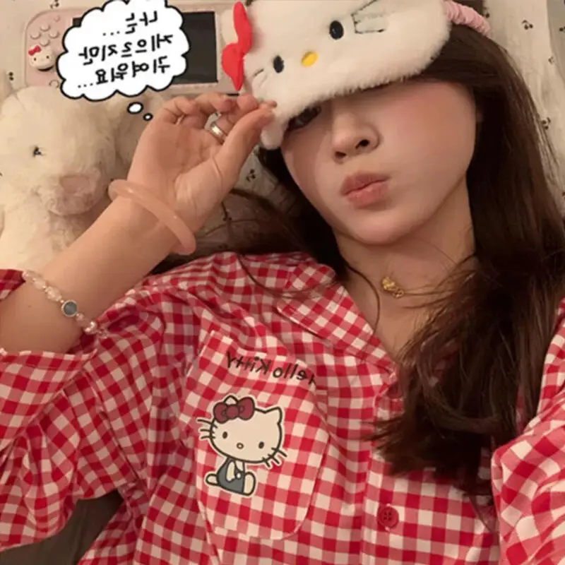 Sanrio – pyjama Hello Kitty de dessin animé, Cardigan d'été confortable, grande taille, ensemble deux pièces, vêtements de maison mignons pour filles, nouvelle collection