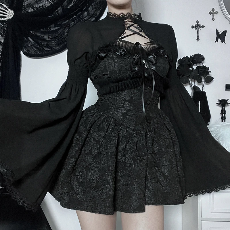 Gothic Ren Tay Loe Smock Y2K Vintage Đen Xem Qua Bao-Bộ Lưu Điện Áo Khoác Grunge Phụ Nữ Mùa Hè Quần Áo Đảng đầm Dạo Phố