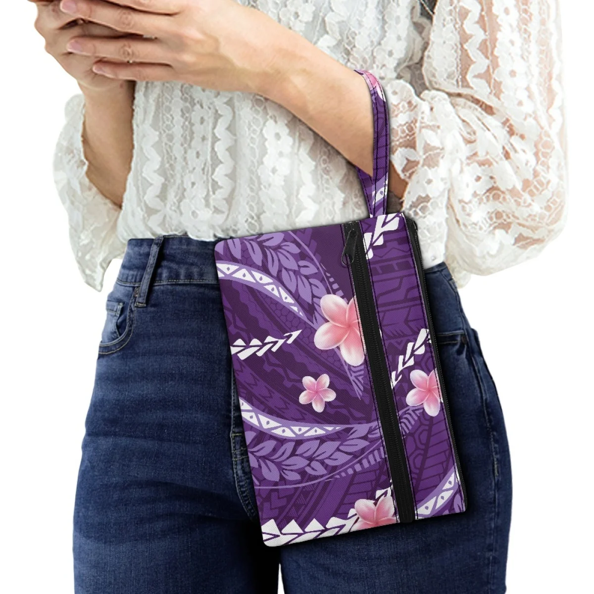 Women Polyester Travel Clutch Bag Polynesian Tribal Samoa Tapa Islands Purple Plumeria Print Cute Wristlet Storage Clutch Purses