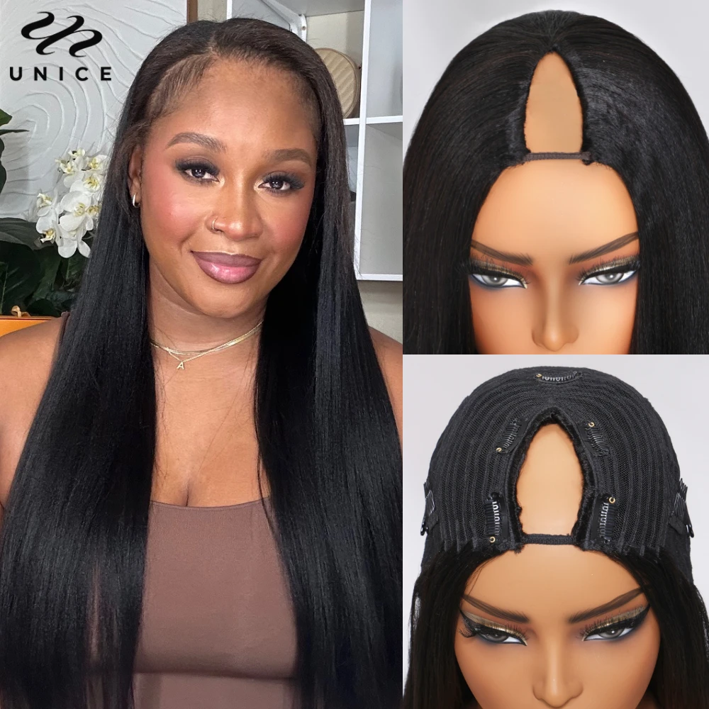 UNICE Hair Upgrade Drawstring Yaki Straight V Part Human Hair Wigs Mini Leave-out Clip-in Vpart Wigs 150% Density