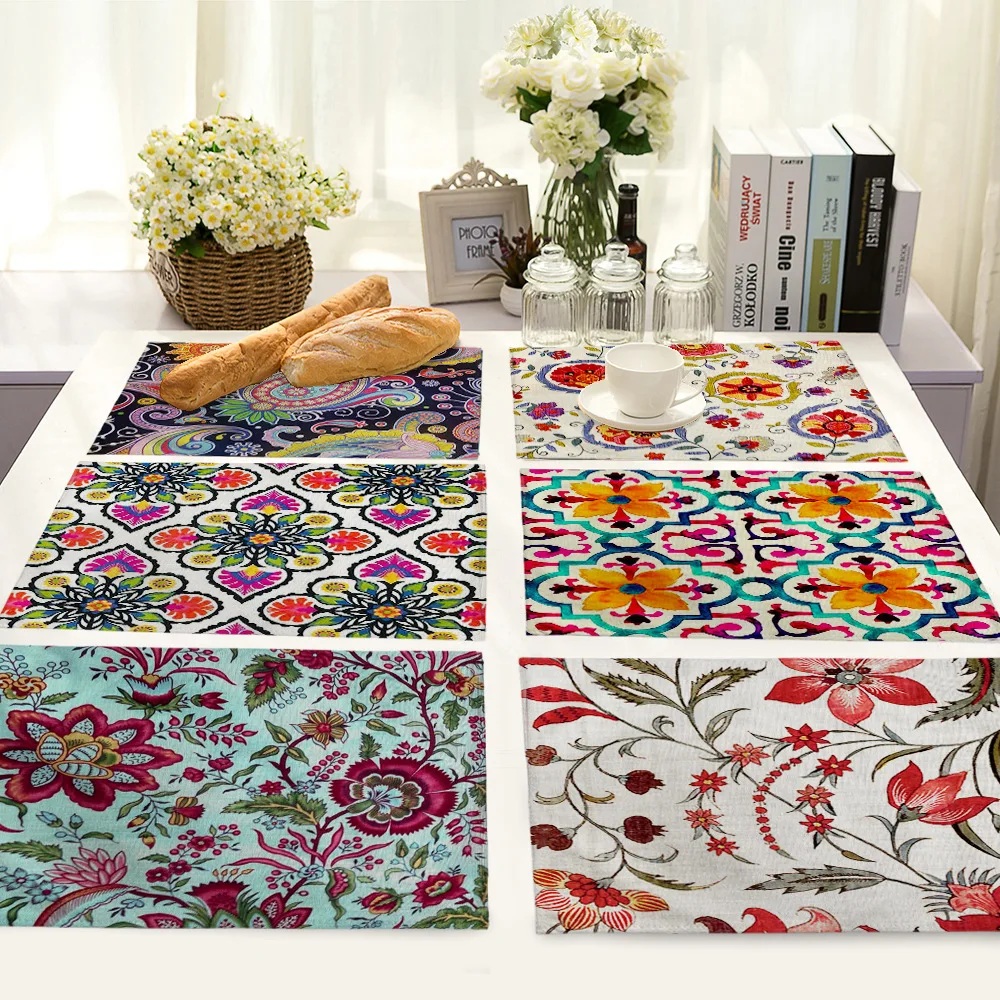 

1pcs Color Ethnic Pattern Faux Linen Placemat Rectangular Indian Coaster Late Dinner Table Tableware Decoration 42x32cm