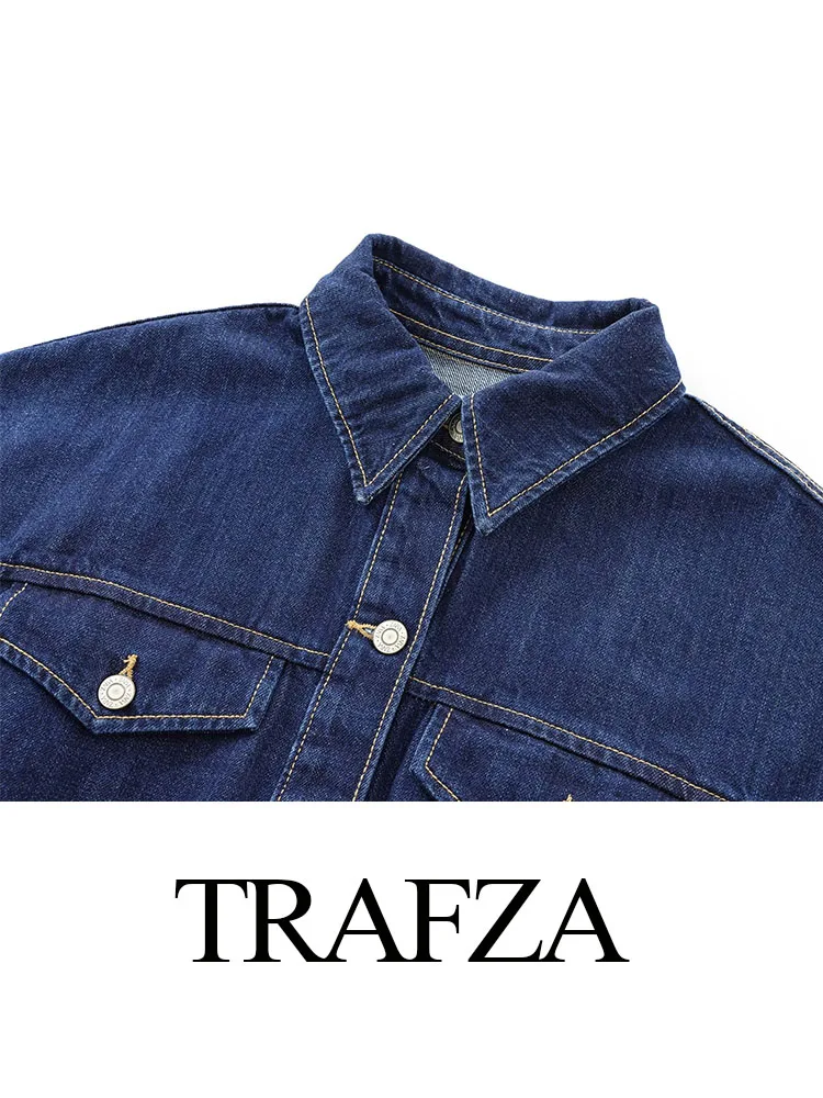 TRAFZA Women Autumn Fashion Long Sleeves Lapel Shirt Style Denim Jacket Woman Solid Pocket Single Breasted Decorate Button Coat