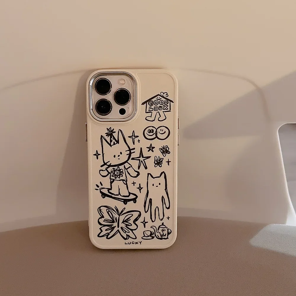 Catoon Hand Drawn Line Draft Cat Phone Case for IPhone16 15 14 12 13 11 Pro ProMax Plus X XR Shockproof Phone Cover