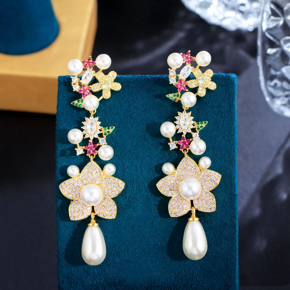 ThreeGraces Delicate Multicolor Cubic Zirconia Simulated Pearl Long Flower Drop Earrings for Women Bridal Party Jewelry E1249