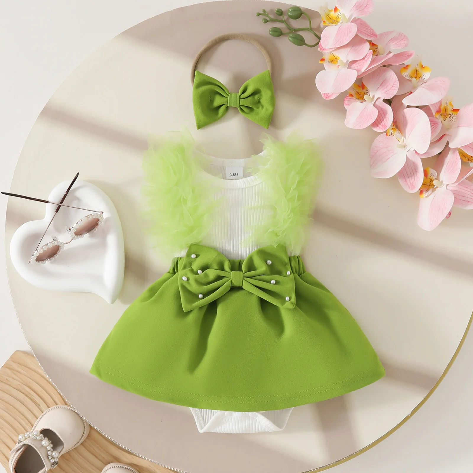 

Summer Infant Baby Girl Sleeveless Rompers Newborn Cotton Pearl Bow Front Bodysuits with Headband Set Toddler Clothes