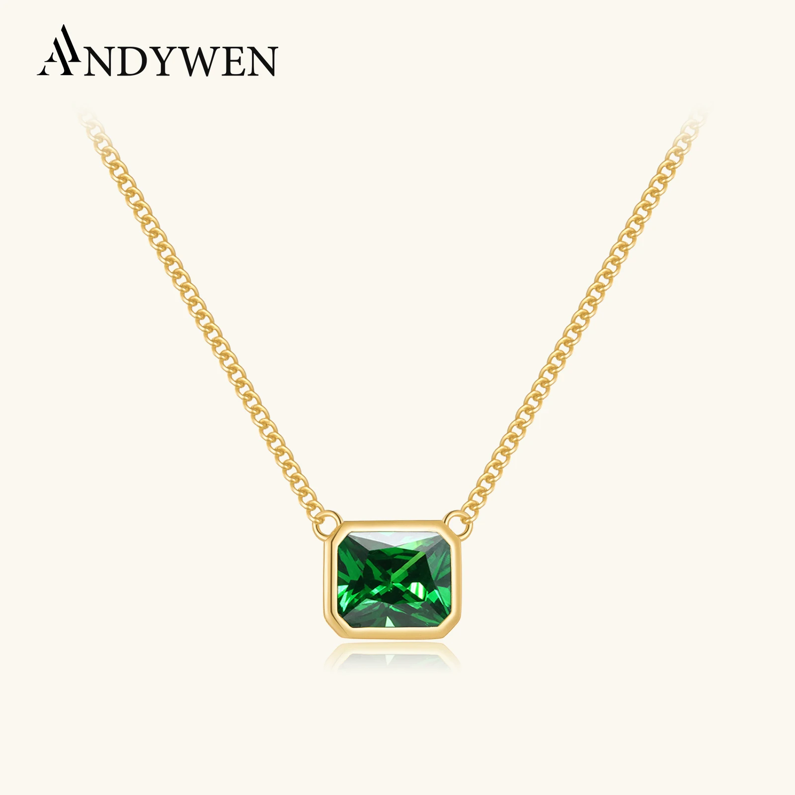 

ANDYWEN 100% 925 Sterling Silver Green Zircon CZ Gems Pendant Thick Chain Luxury Fine Jewelry 2024 Spring Women Silver Jewels