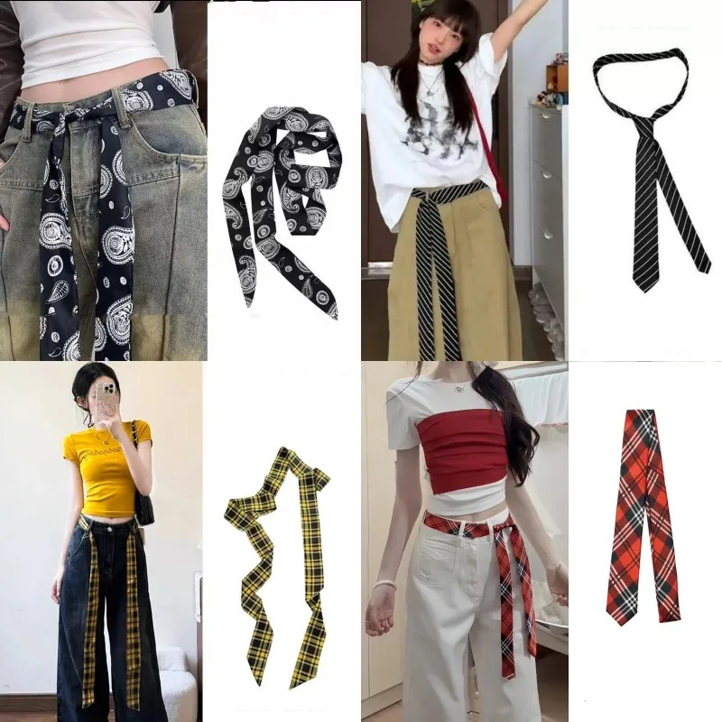 1pc Long Skinny Plaid Waist Belt With Jeans Necktie Scarf Decorative Accessory Personality Trendy Hairband Fashionable Accessory