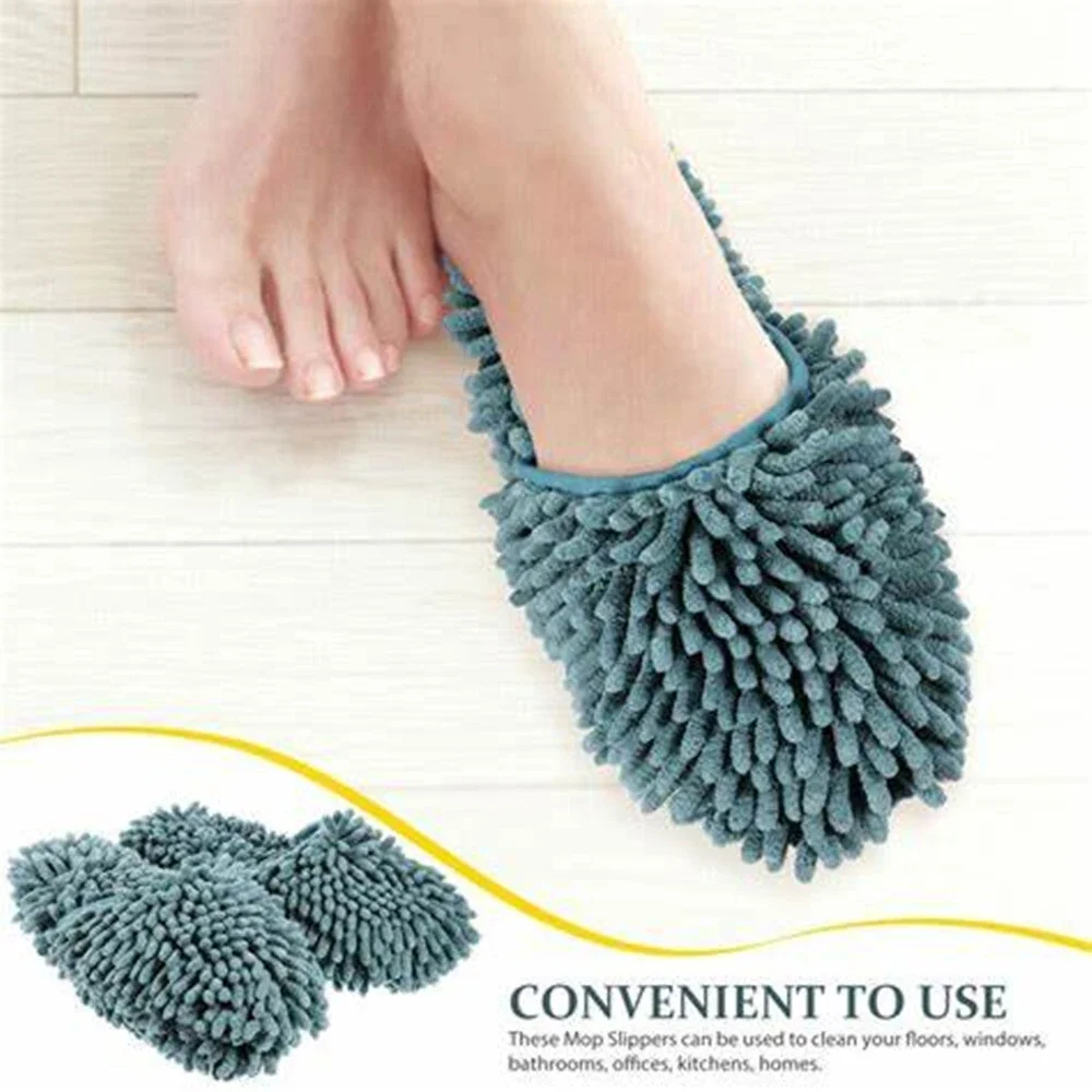 1 Pair Chenille Mopping Slippers Solid Color Wipeable Floor Mopping Sweeping Tile Floor Lazy Cleaning Slippers Cleaning Cloth