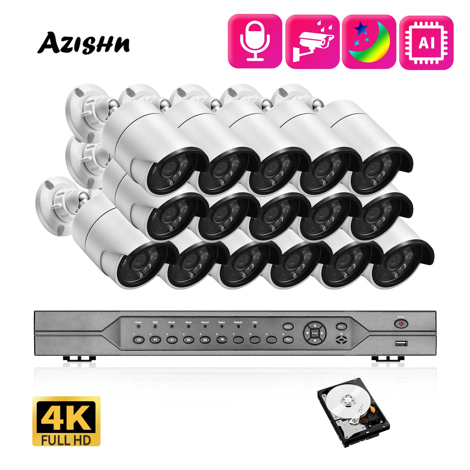 

AZISHN 8MP Full Color Night Vision Closed Circuit Home 4K 16CH POE NVR Outdoor Surveillance Camera Kit