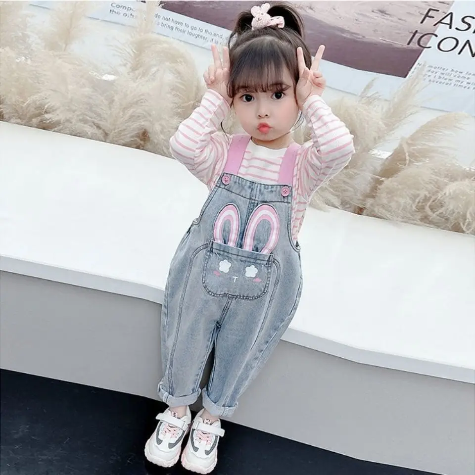 Kids Jeans Casual Jumpsuits Fashion Girls Autumn Clothes Cute Wings Cartoon Baby Overalls Denim Suspender Pants Toddler Rompers