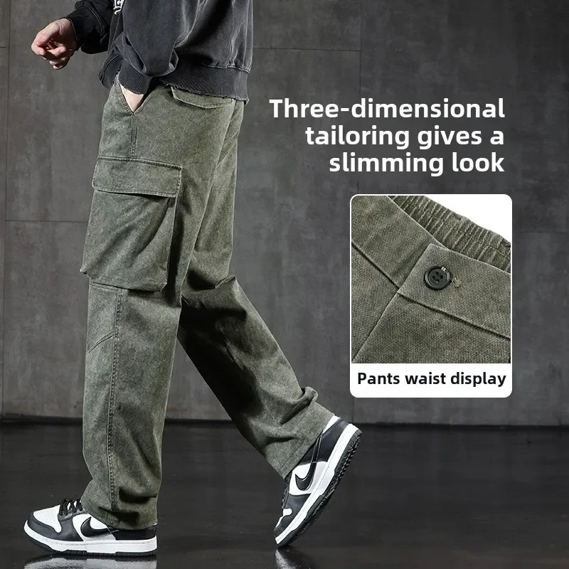 New Wide Leg Pocket Cargo Pants Men Trousers Neutral Loose Casual Cotton Straight Outdoor Fashion Pants Big Size M-5XL