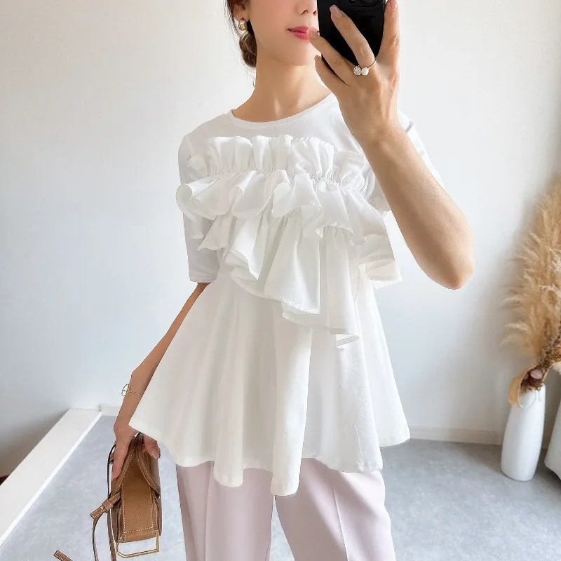 Irregular Patchwork Ruffles Sweet Chic Short Sleeve Tshirts O-neck Solid Elegant Temperament Lady Top Japanese New Casual Tee