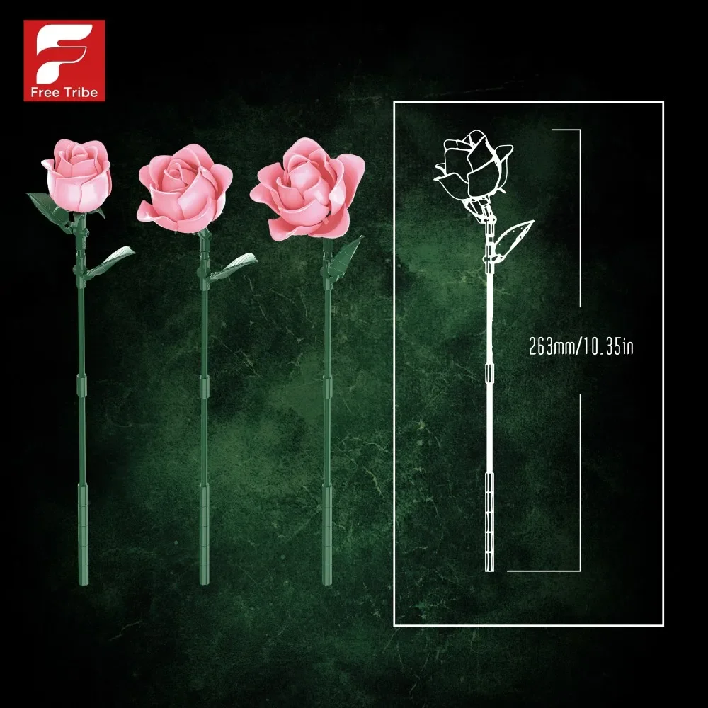12 Pink Rose Flower Building Blocks Simulation Bouquet Flower Model Bricks Adult Romantic Gifts Desktop Ornamental DIY Toys - view 5