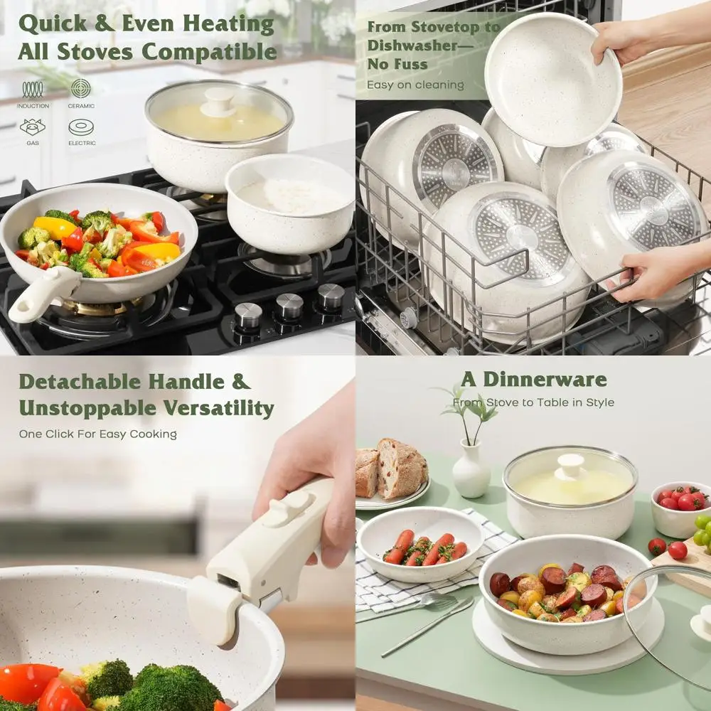 

Non-Stick 18-Piece Cookware Set with Detachable Handles, Oven-Safe and Induction Compatible, Stackable for RV Use, White