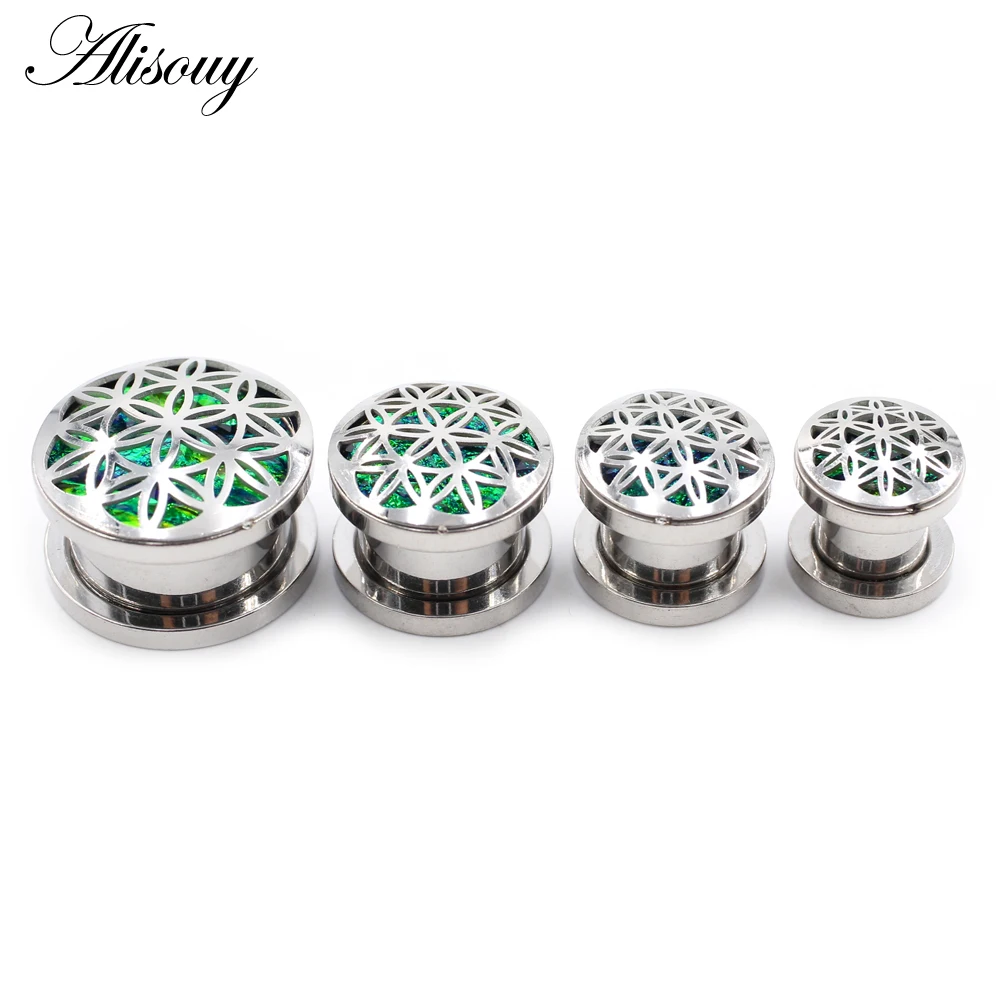 Alisouy 2pcs Retro Stainless Steel Opal Hollow Flower Ear Tunnels Plugs Expander Stretcher Gauges Earrings Body Piercing Jewelry