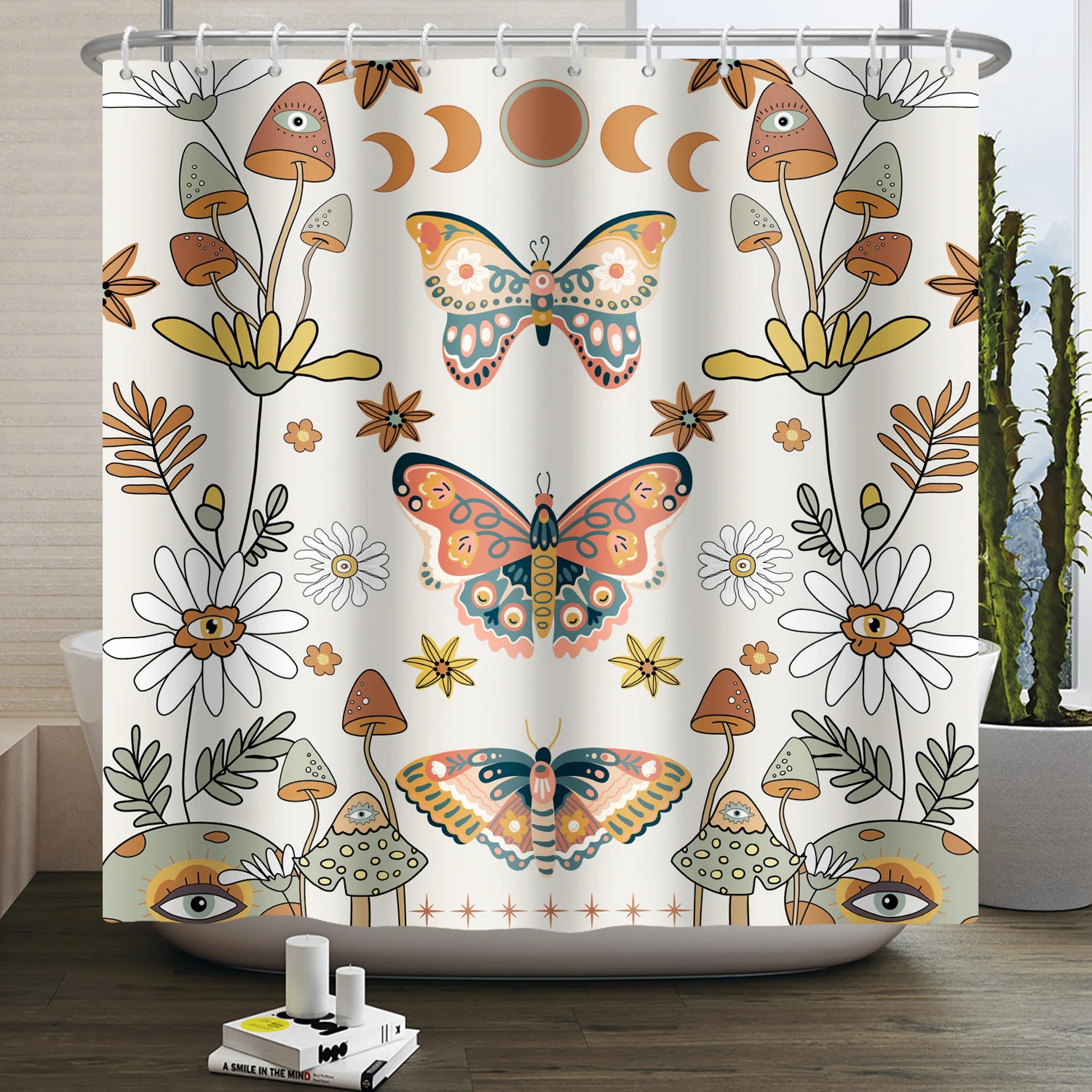 Moth Shower Curtain Moon Phase Butterfly Mushroom Psychedelic Tarot Gothic Shower Curtain for Bathroom Waterproof Bath Curtain