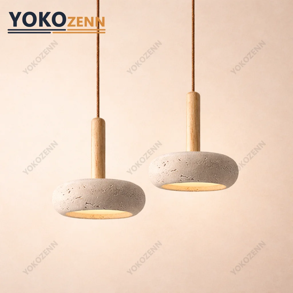 

YOKO Wabi Sabi Yellow Travertine Pendant Light Stone and Wood Hanging Lamp for Kitchen Island Bedroom Bedside Dining Room Decor