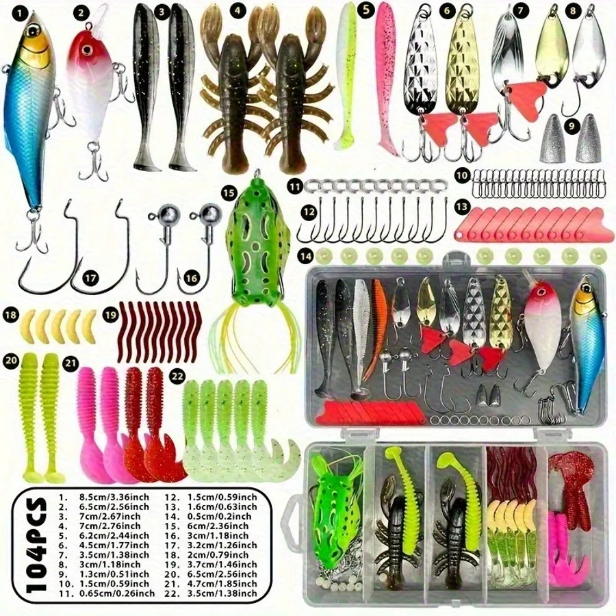 

107-Piece Fishing Tackle Set With Spinners, Jigging Bait, Jigging Tips, Sinkers, Hooks, And Storage Case - Colorful Freshwater And Saltwater Combo Pack With Split Rings And Scented Lures - Perfect Starter Kit For Bass, Pike, Trout, And Walleye Fishing, In