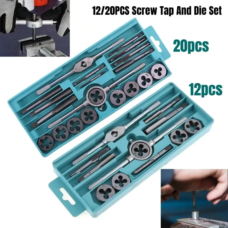 Multifunction Tap and Die Set 12/20Pcs M3-M12 Metric Screw Thread Plugs Hand Screw Taps Straight Taper Tapping and Thread Tools