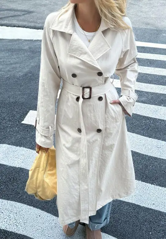 

Solid Color Casual Long Windbreaker Jacket, Autumn Women's Fashionable Lapel Double Row Buckle Commuting Windbreaker Jacket