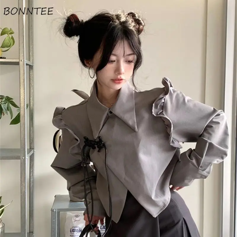 

Hotsweet Gray Blazers Women Irregular Ruffles Ins Cropped Outwear Streetwear Chinese Style Simple Fashion Vintage Temperament