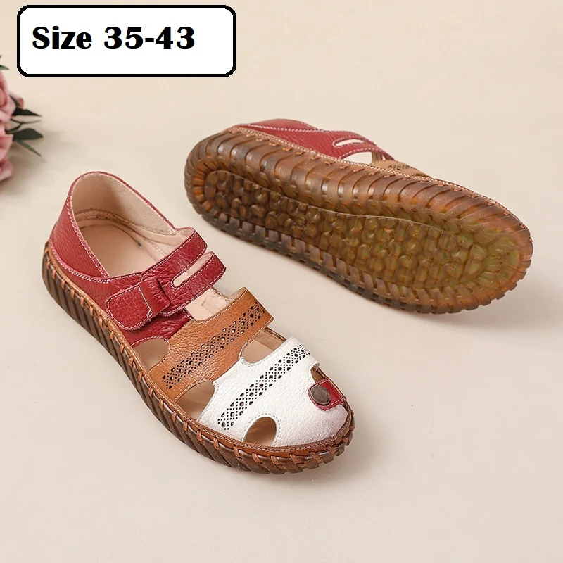 

Large size 43 authentic leather sandals women's hook loop may jane flats shoes woman fisherman beach travel sandal breathable