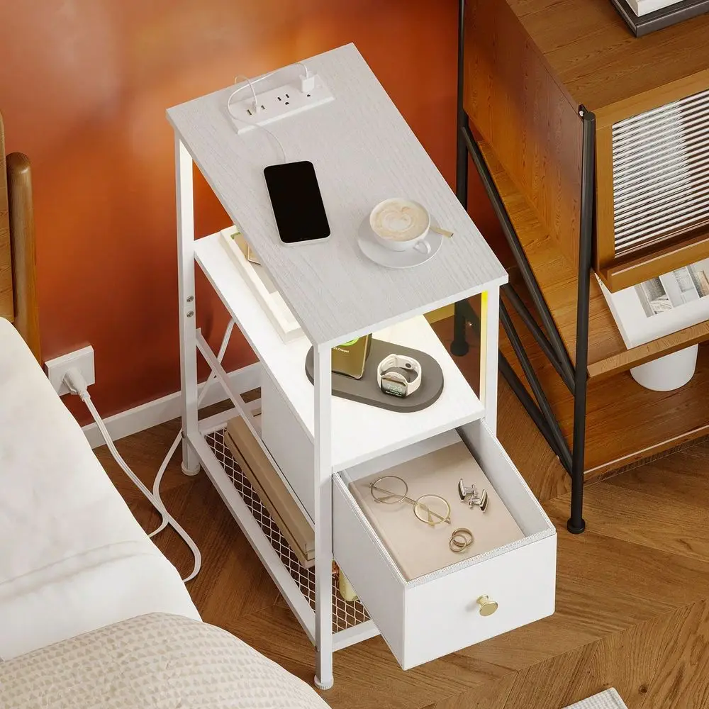 

1 Fabric Drawer Narrow Nightstand With Charging Station And LED Light, Skinny Side Table, Slim End Table For Bedroom, Dorm, Sma