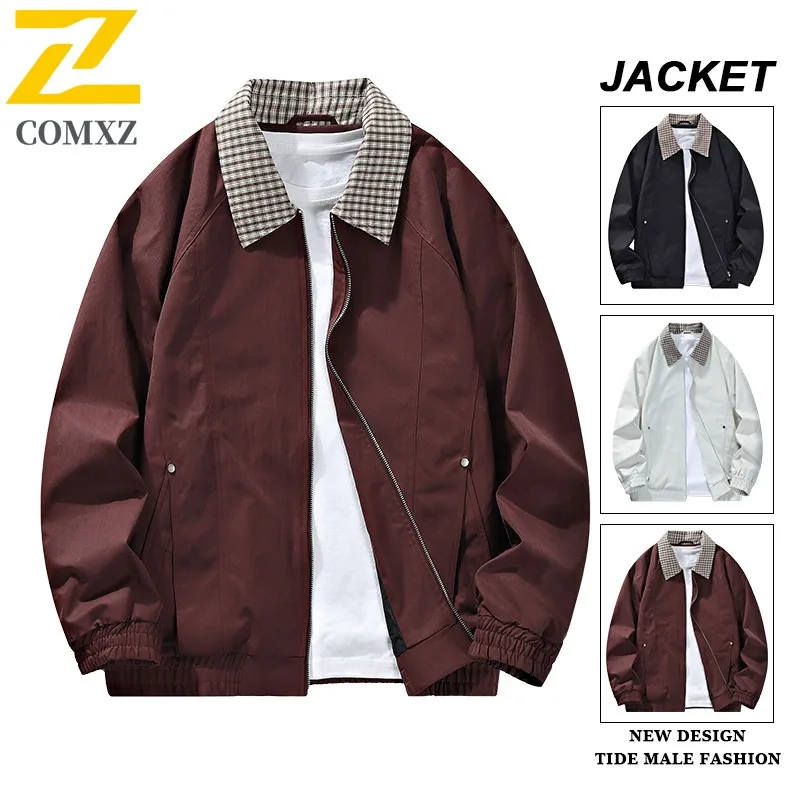 

COMXZ Autumn New American Light Jacket Men Color Block Plaid Lapel Casual Coat Men Waterproof Windproof lightweight windbreaker
