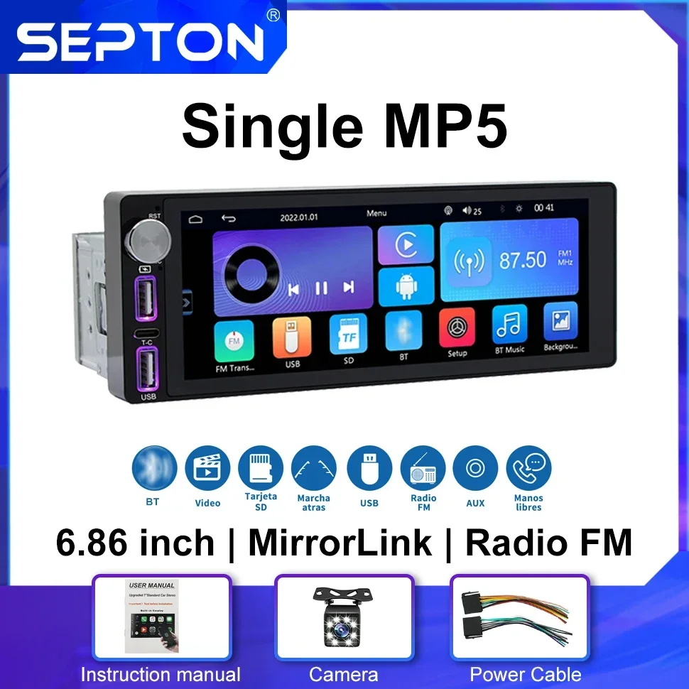 

SEPTON 6.86in Car Radio MP5 Player 1 Din Touch Screen Support Automotive for Universal Car FM/BT Multimedia Player Wired Carplay