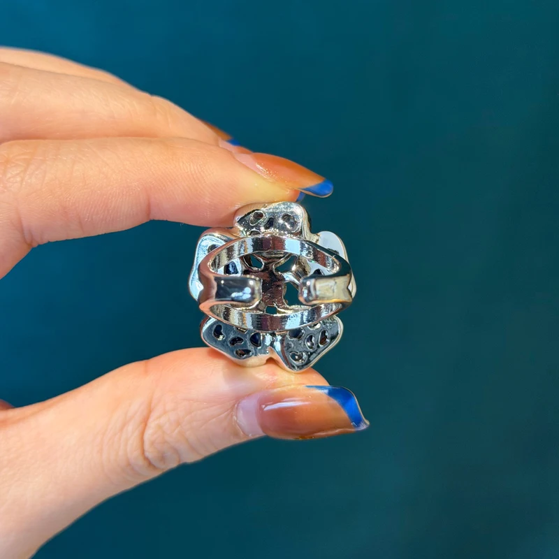 Vintage Bright Opal Blue Flower Rings Retro Yellow Crystal High Luxury Rhinestone Designer Women Party Silver Color Accessories