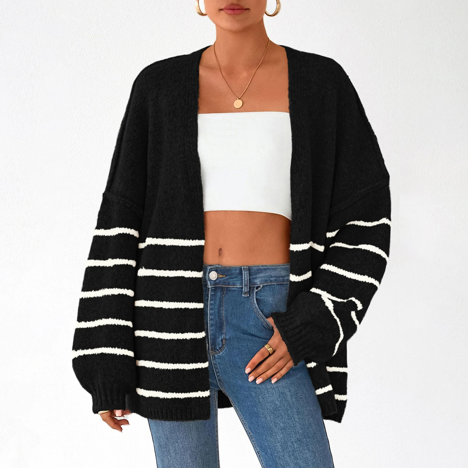 

Women's Loose Fashion Stripe Coats Long Sleeved Knitted Cardigan Sweater Jacket Korean Autumn Casual Cardigan Sweater Coat