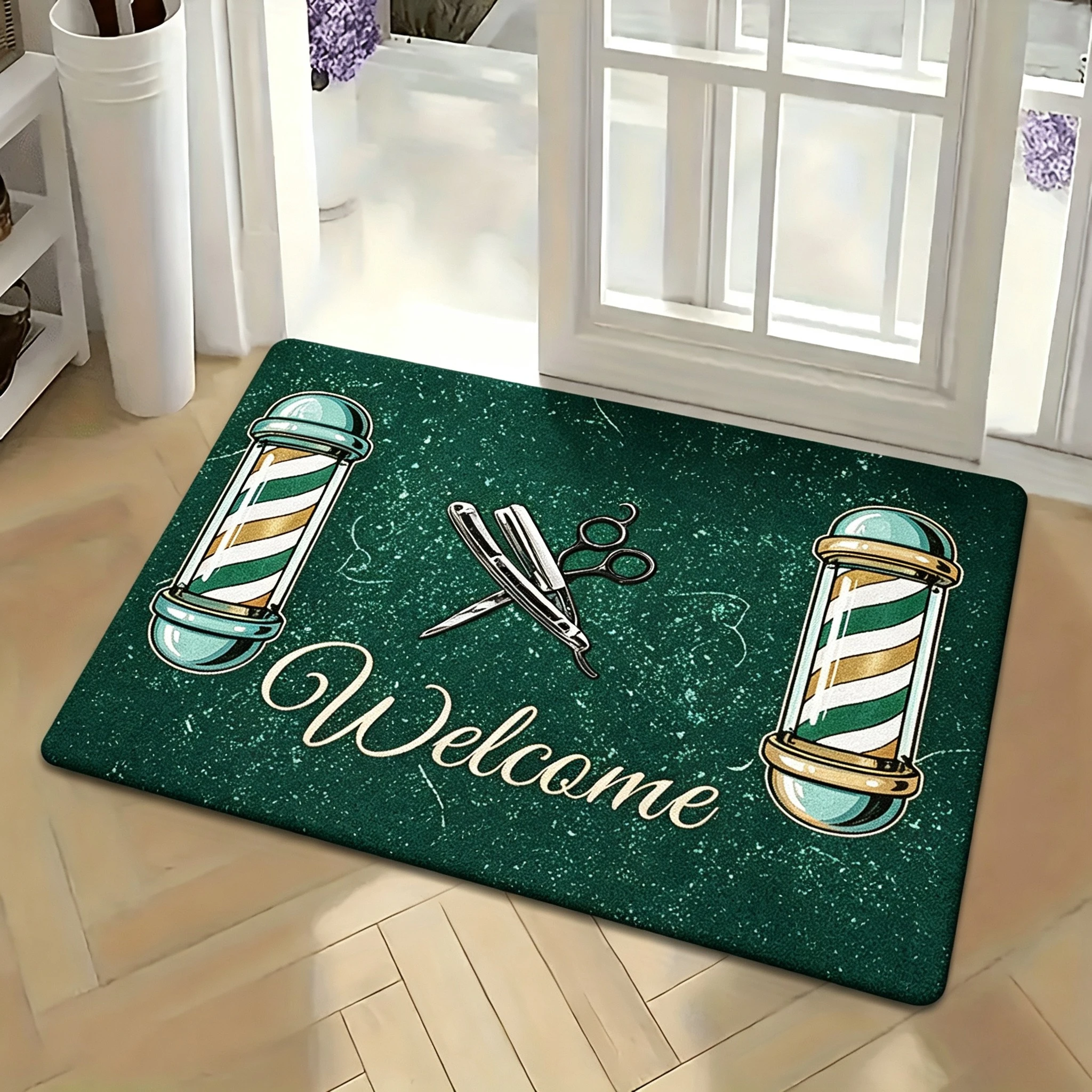 Barber Pole Welcome Decorative Doormat for Barbershop Entryway Salon Floor Mat Home Decor Multi Color Retro Stylish Design