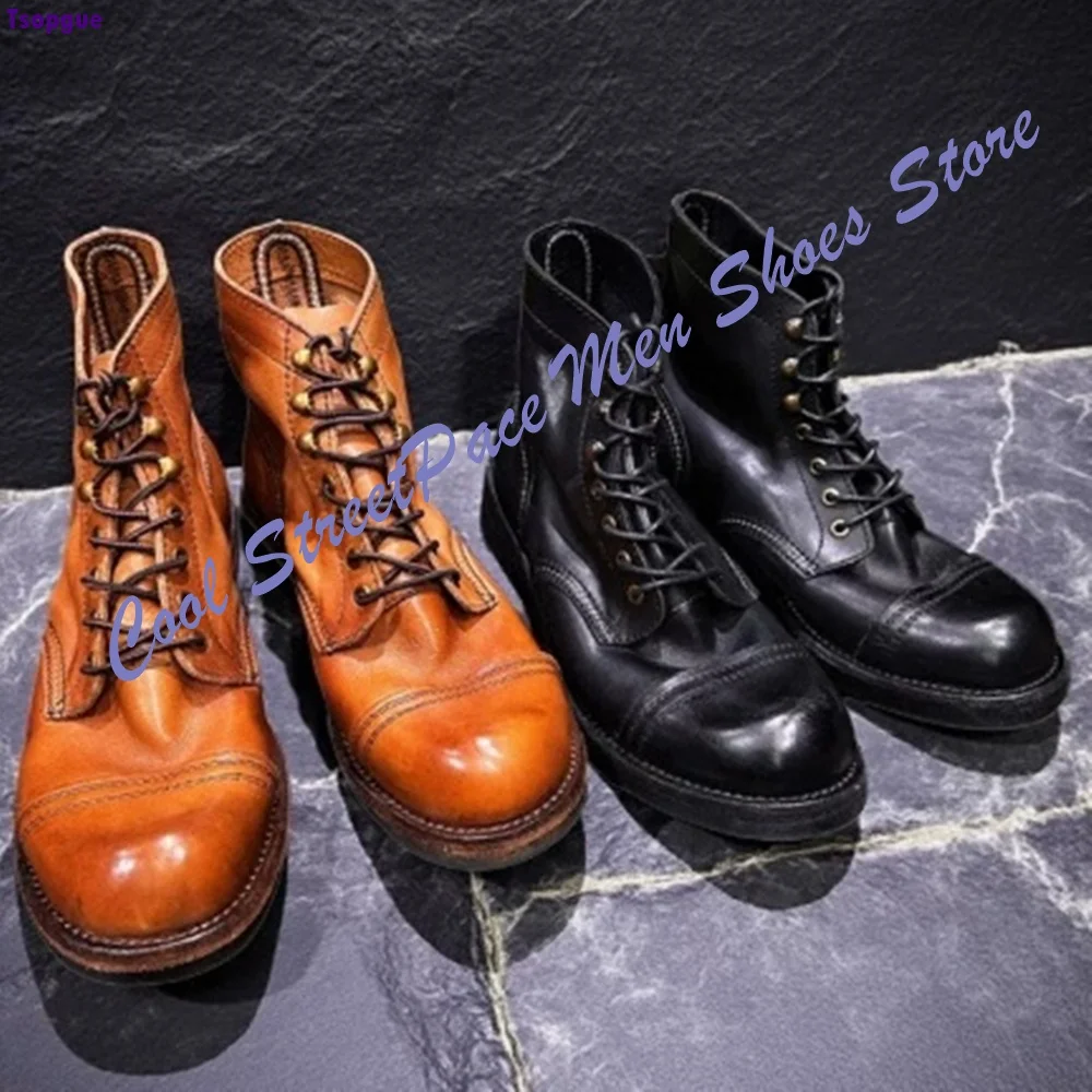 British style handmade retro ankle boots round toe distressed cool boy style Soes for Men Cross Tied Fashion Boots Flat with