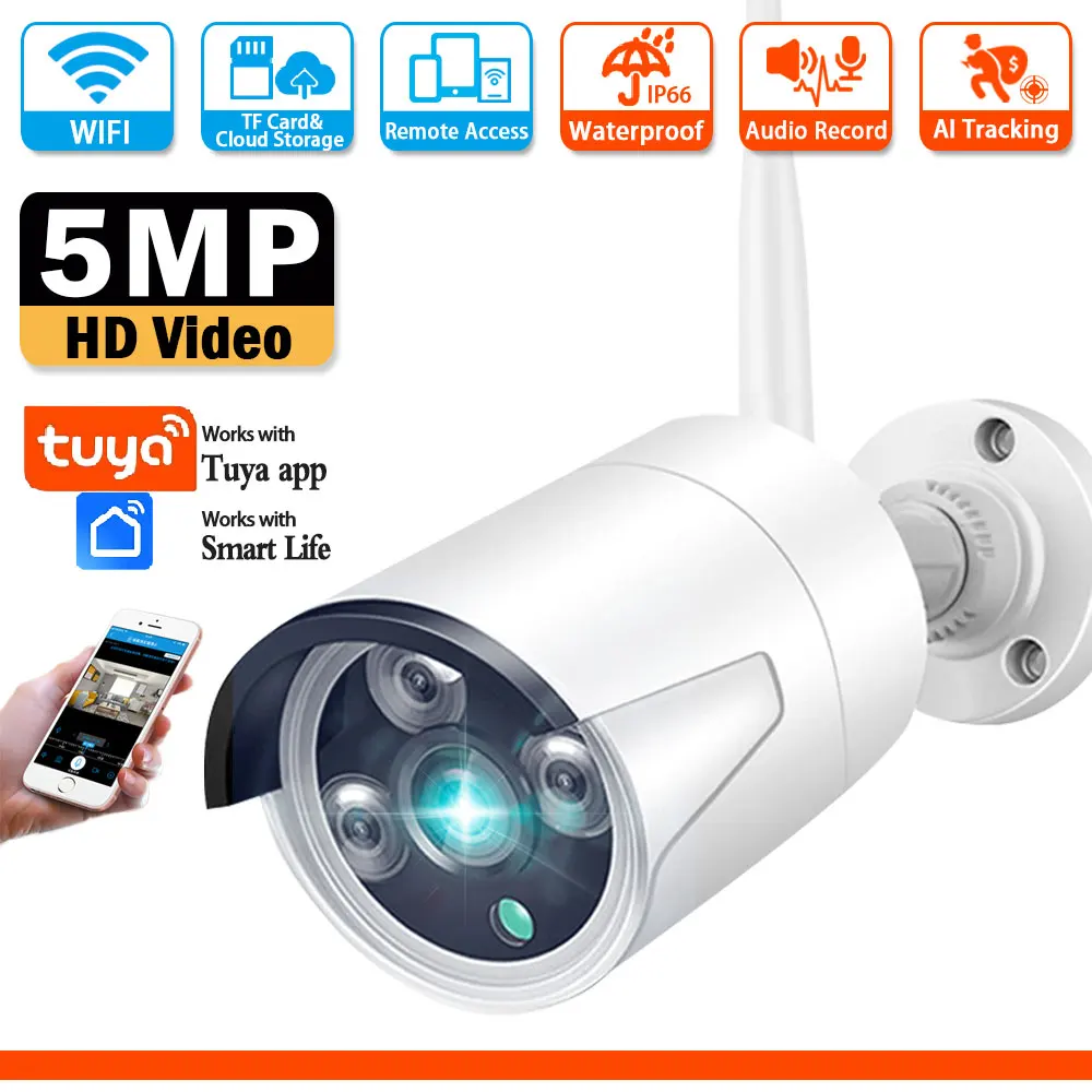 5MP CCTV WIFI Surveillance IP Camera Clear Night Vision Tuya App Remote Access Waterproof Smart Home Monitor Wi-Fi Bullet Camera