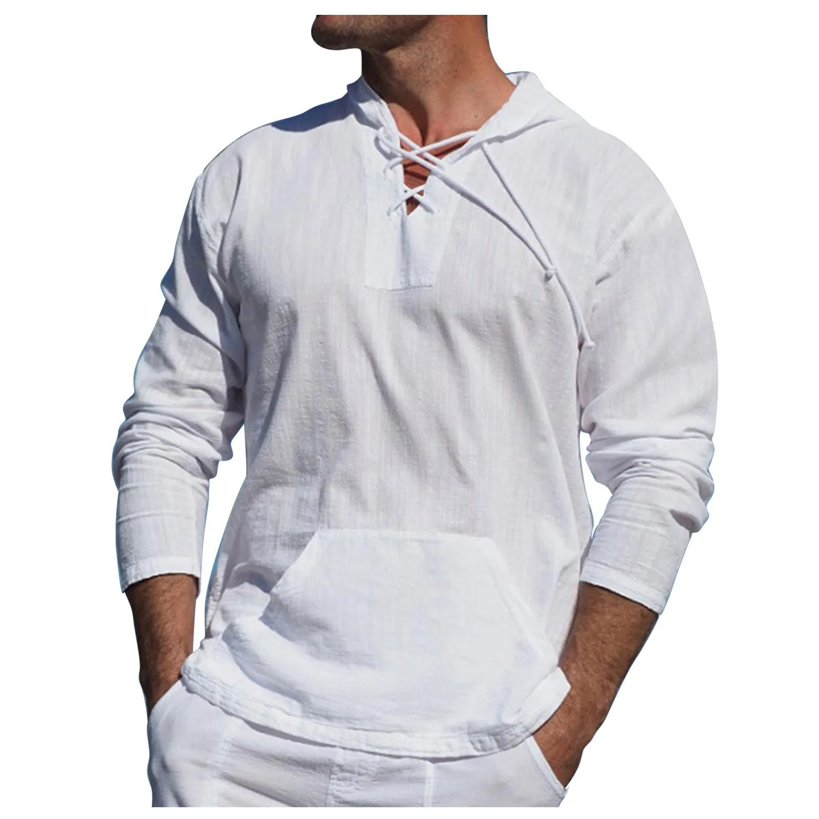 Men Hooded Linen Shirts Long Sleeve Breathable Men\'s Baggy Casual Linen Shirts Solid Color Linen Shirts Mens Lace Up Collar Tops