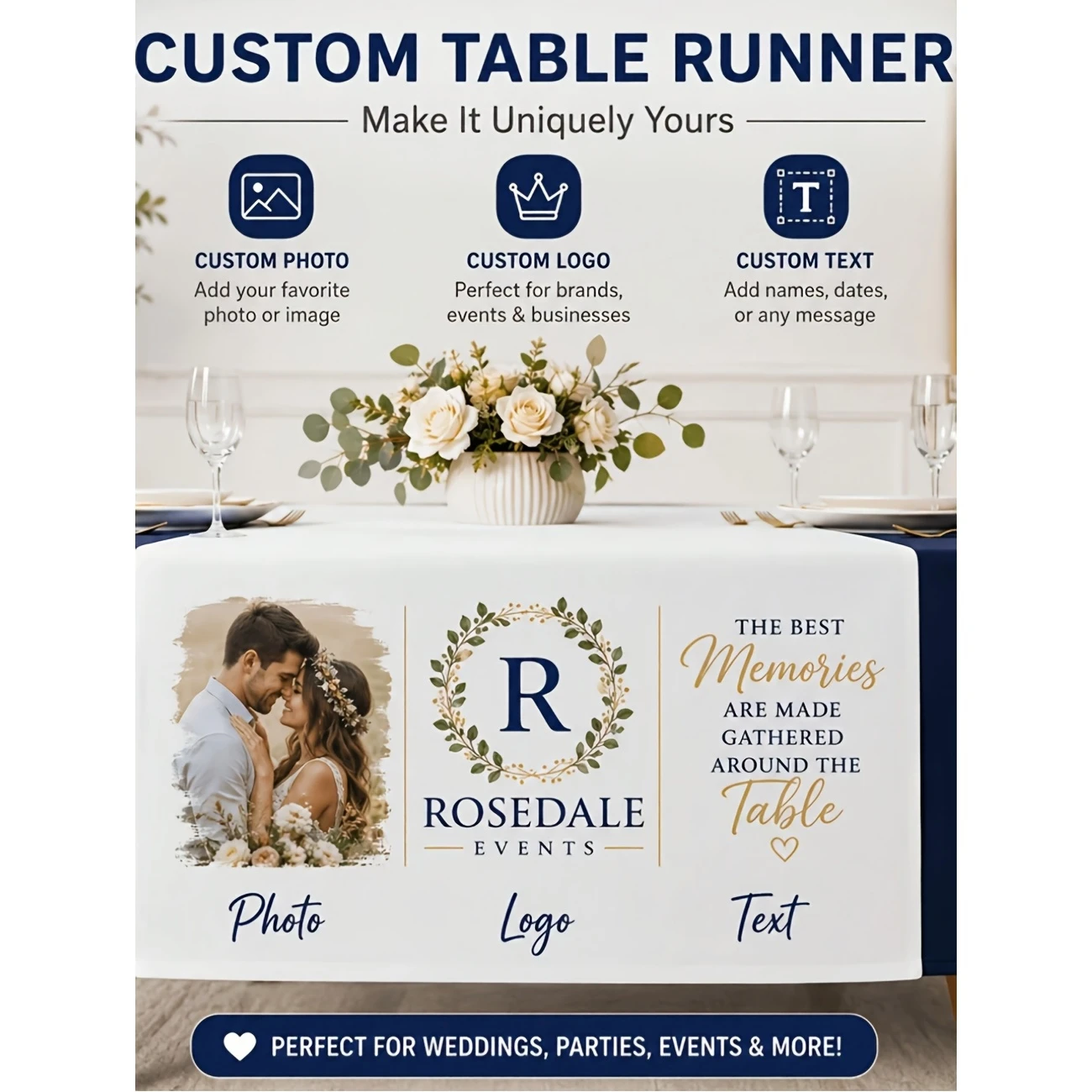 Custom-branded Tablecloths and Fitted Table Skirts Featuring Personalized Logo Printing; Ideal for Trade Show Booths, Event Regi
