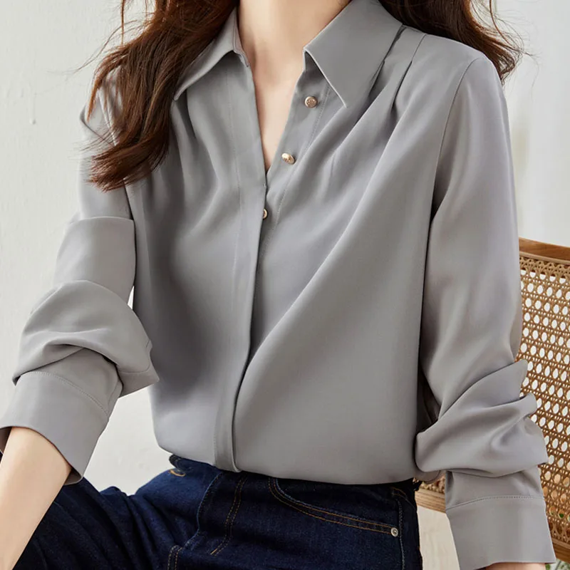 Autumn Fashion New Office Lady Long Sleeve V-Neck Women Shrit Button Grey Chiffon Shirt Blouse Women Tops Camisas De Mujer C03