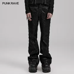 PUNK RAVE Men's Punk Pleated Textured Leather Pants Metal Spikes Simple Design Personality Dark Trousers Autumn/Winter