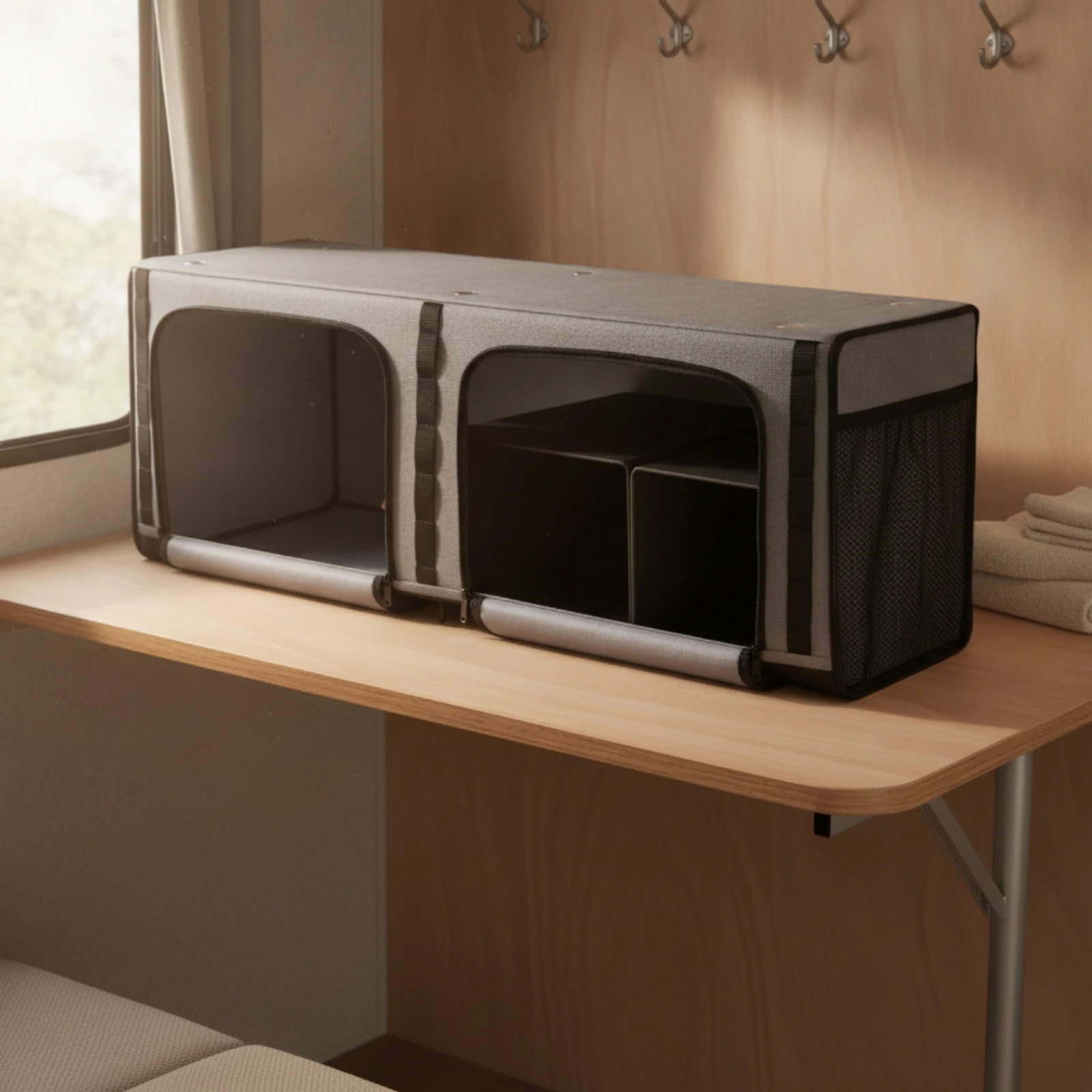 RV Overhead Storage Cabinet Black-Trimmed Soft-Sided Storage Cabinet Space-Saving for Vehicle Interior