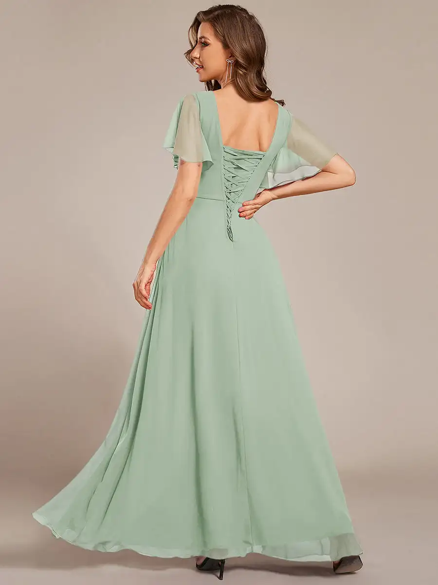 Abiti da sera eleganti con volant maniche sul retro annodatura del frenulo 2025 Ever Pretty of Mint Green Chiffon abiti da damigella d'onore