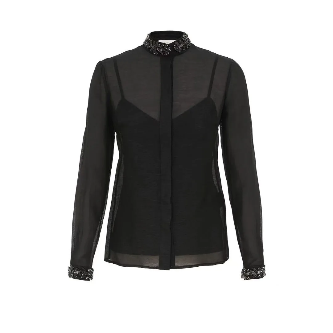 

Black Long Sleeve See Through Diamonds Blouse Tops and Mermaid Fishtail Midi Skirt