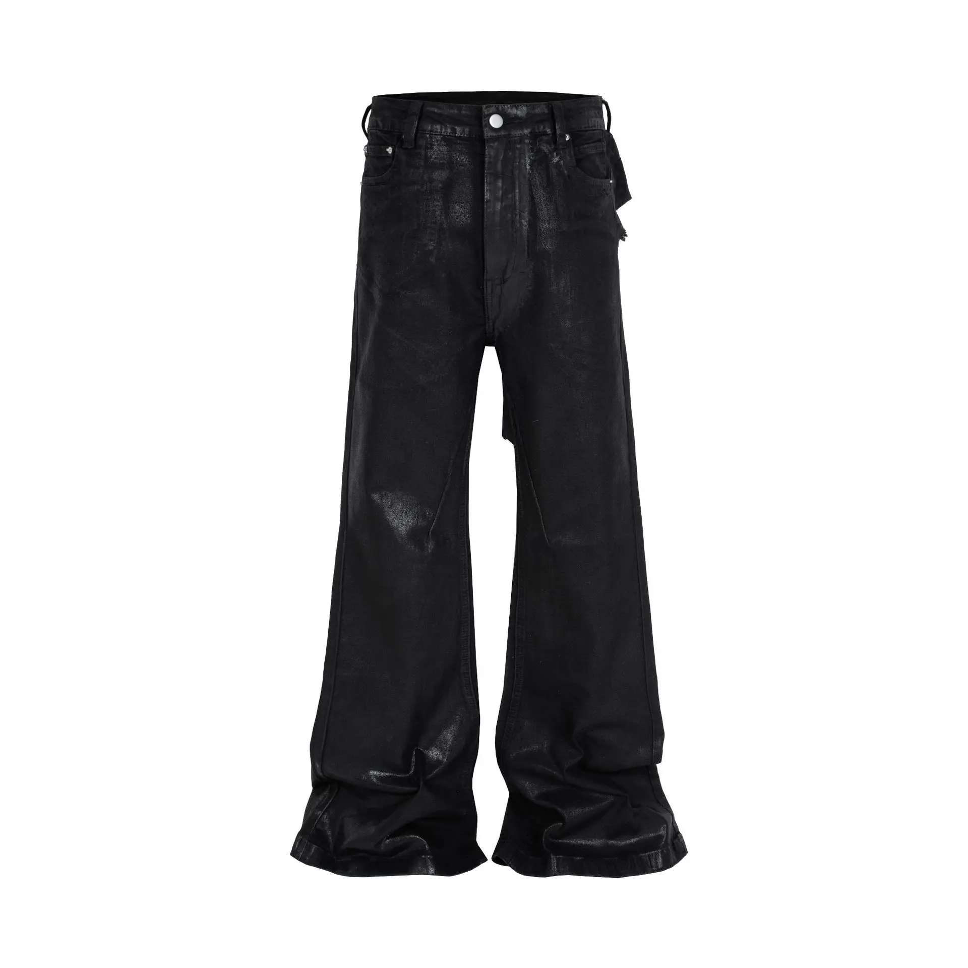 Rick RO Black Vinyl Coated Leather Pants with Flared Cuffs - Men's High Street Slim Fit Vintage Washed Jeans