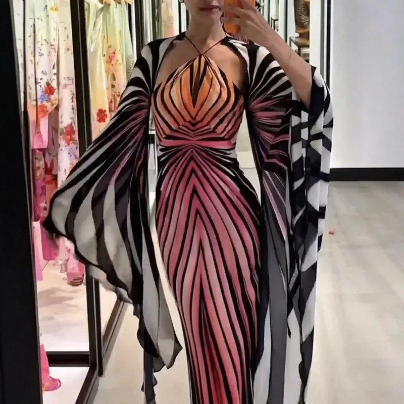 Women Striped Print Maxi Dress - огляд і ціна Maxi Dress Halter