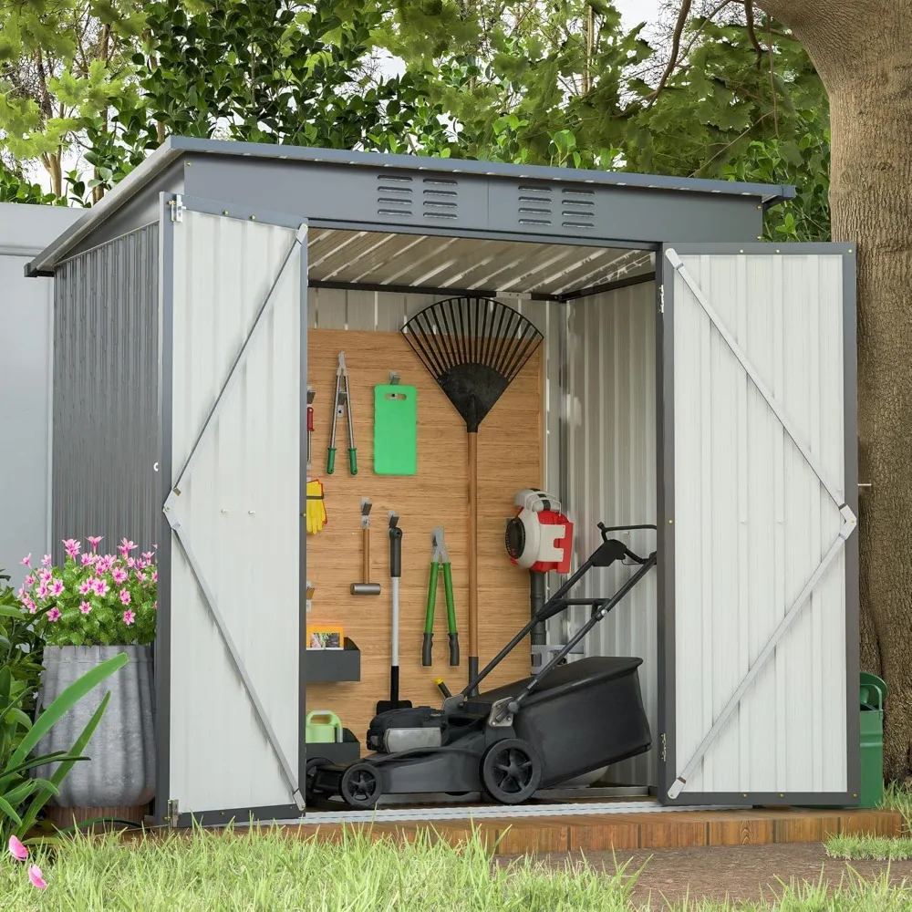

6x4 Ft Outdoor Metal Storage Shed with Framed Floor and Sloping Roof, Lockable Double Doors, Weatherproof Steel Garden Shed