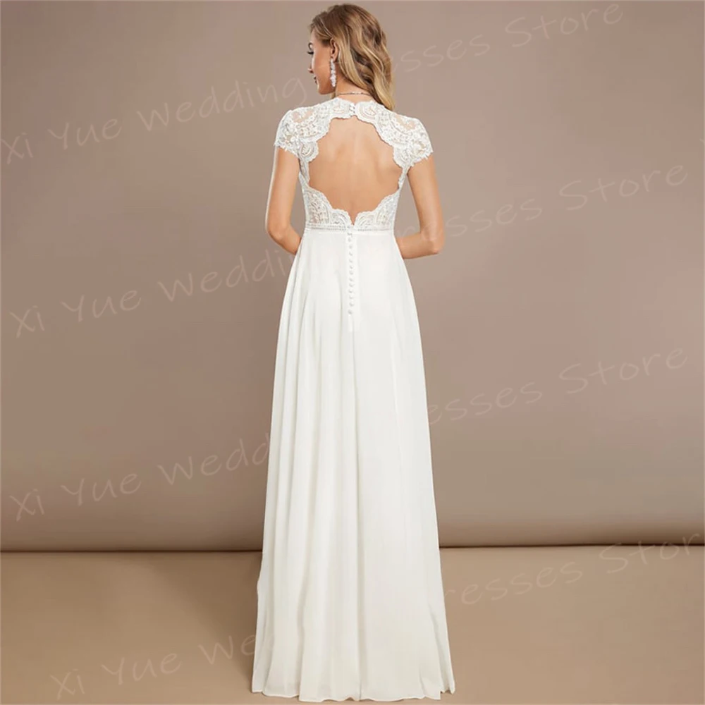 Vestidos de casamento linha A feminino, apliques elegantes, vestidos de noiva de renda, manga popular, vestido sem costas, vestido moderno charmoso