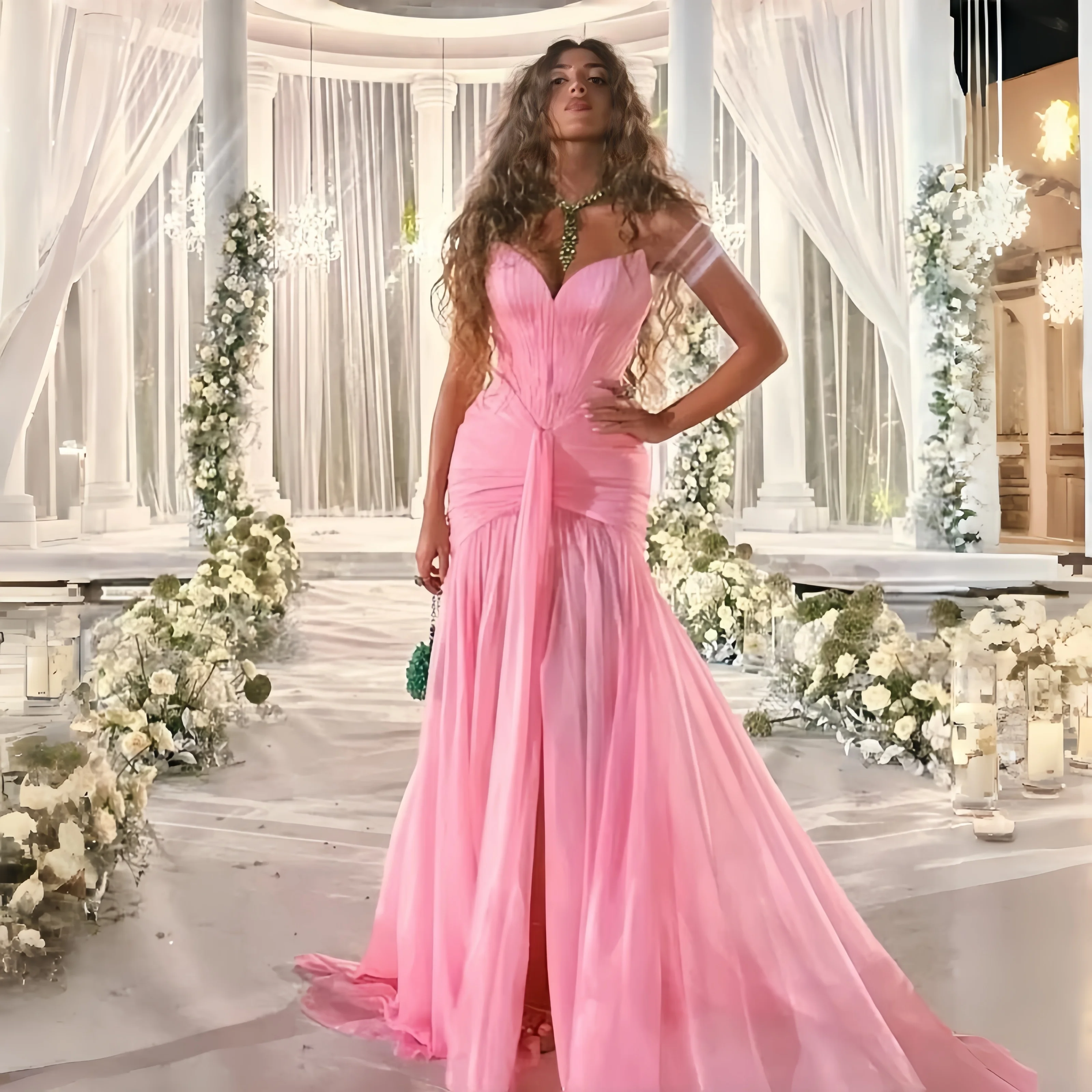 

Off Shoulder Chiffon Pleated Sexy Mermaid Backless Evening Dress Floor Length Front Slit Party Gown with Sweep Court Customized