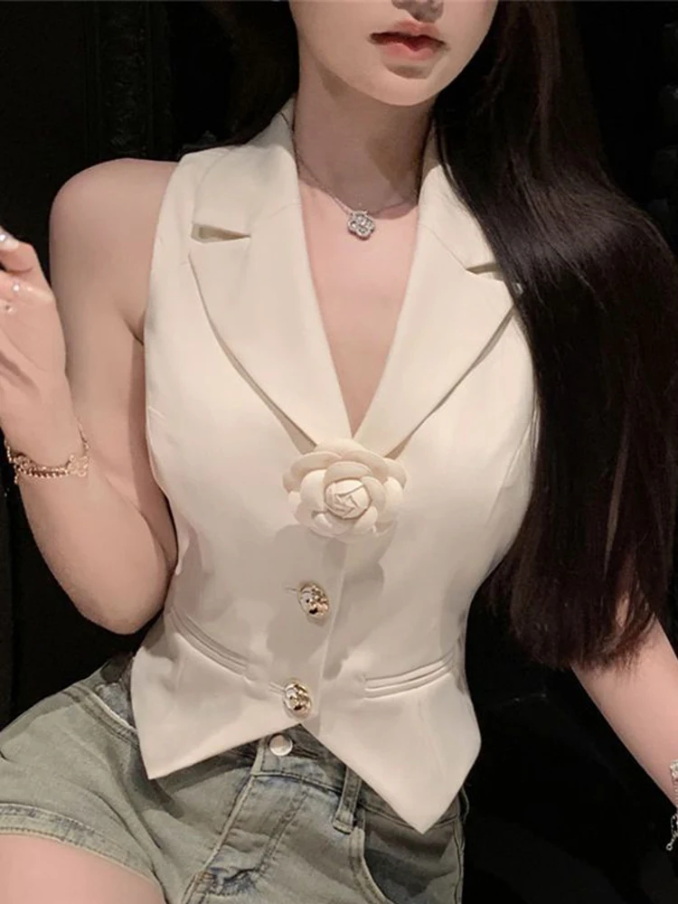

Zoki V Neck Cropped Suit Vest Women 3D Floral Elegant Sleeveless Sweet Slim Tanks Korean Fashion Casual Female Summer New Tanks